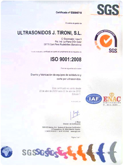 CERTIFICACAO ISO-9001 DA TIRONI ULTRASONICS